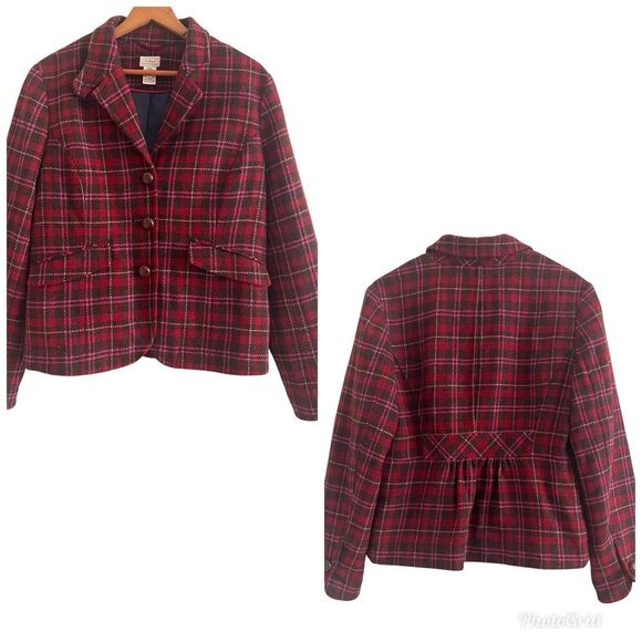 vintage LL Bean Wool Plaid Peplum Blazer 14 Tweed Academia Preppy Heritage - Picture 2 of 11